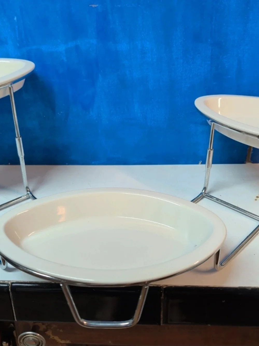 White Ceramic Round Serving Dish with Chrome Stand - Set of 3